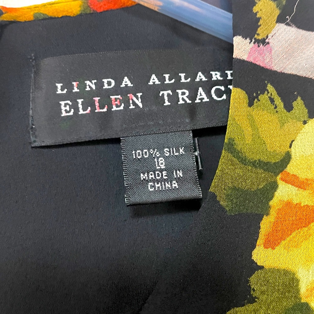 Linda Allard Ellen Tracy Silk Black Pink Floral Long Sleeve Sheath Dress Sz 18 - Picture 3 of 7